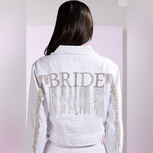 Brand New!! White Denim Rhinestone Fringed Trimmed Denim Jacket - Picture 1 of 8